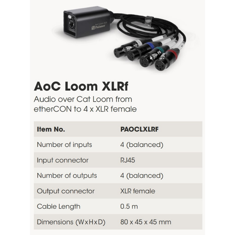 Palmer PAOCLXLRF AoC Loom XLRf Specifications