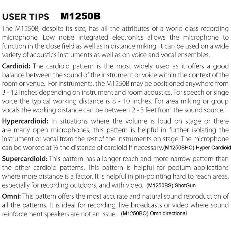 Audix ADX-M1250B-C Miniaturized Condenser Mic Cardioid Specifications 2
