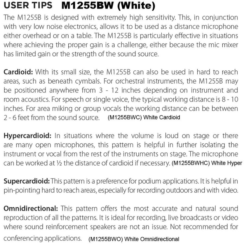 Audix ADX-M1255B Miniaturized Condenser Mic Specifications 2